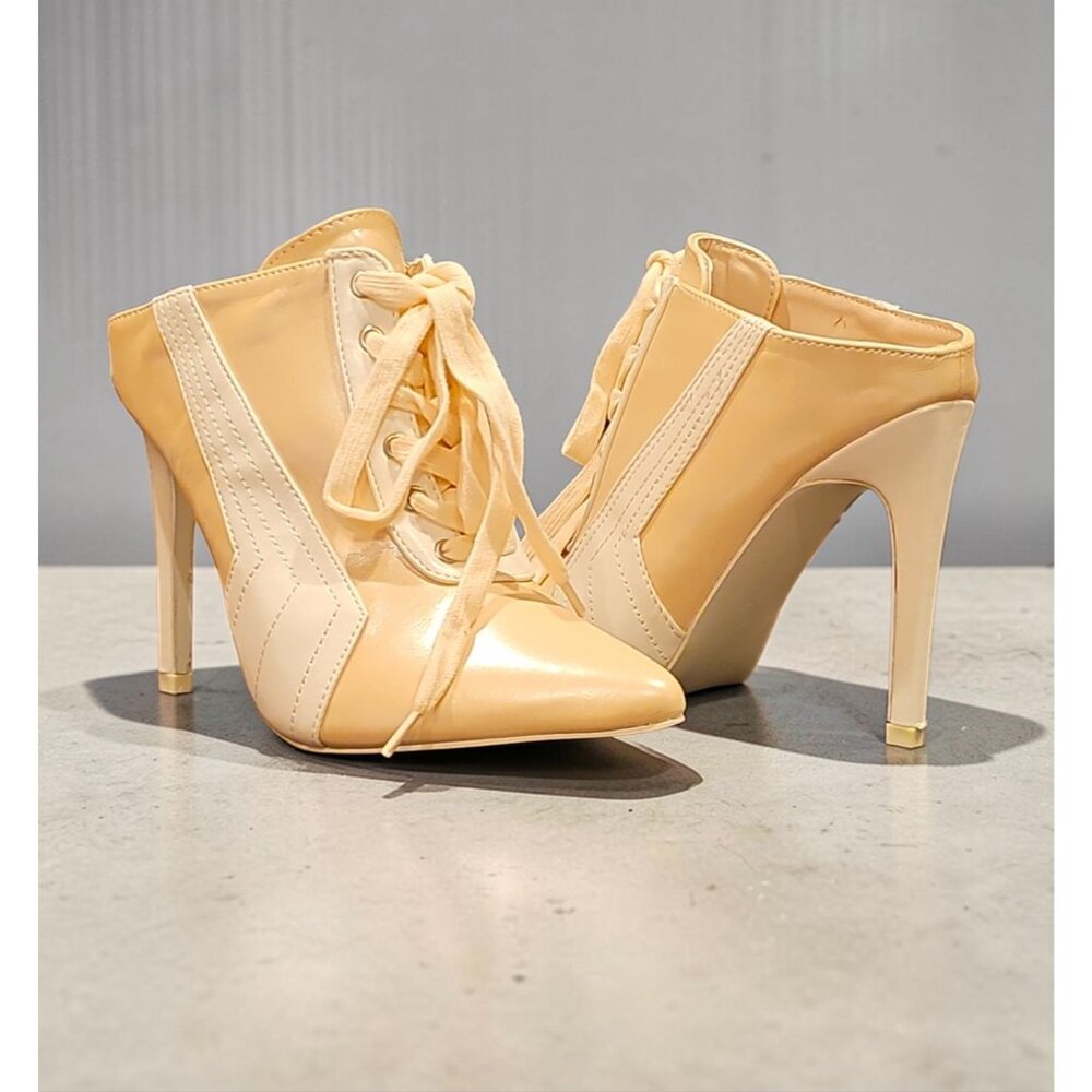 Nude Lace-Up Stiletto Mule Heels With Pointed Toe For Women